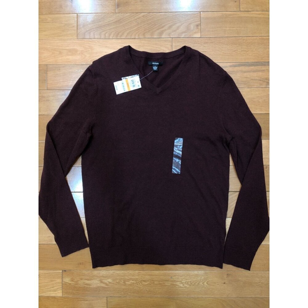NWT Alfani V-Neck Cotton Blend Fine Gage Long Sleeve Burgundy Sweater Size S